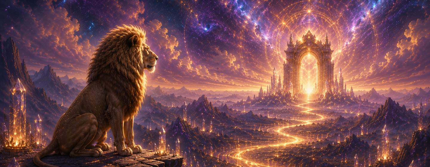 A golden lion overlooking a glowing path that winds toward a radiant portal under a starry purple sky